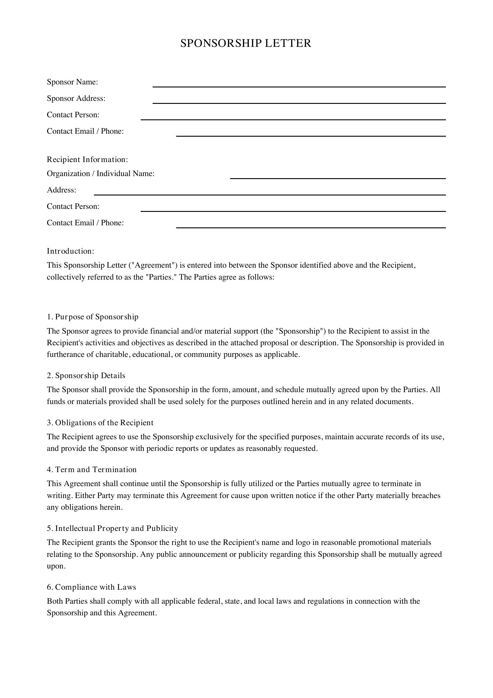 Sponsorship Letter Template - US