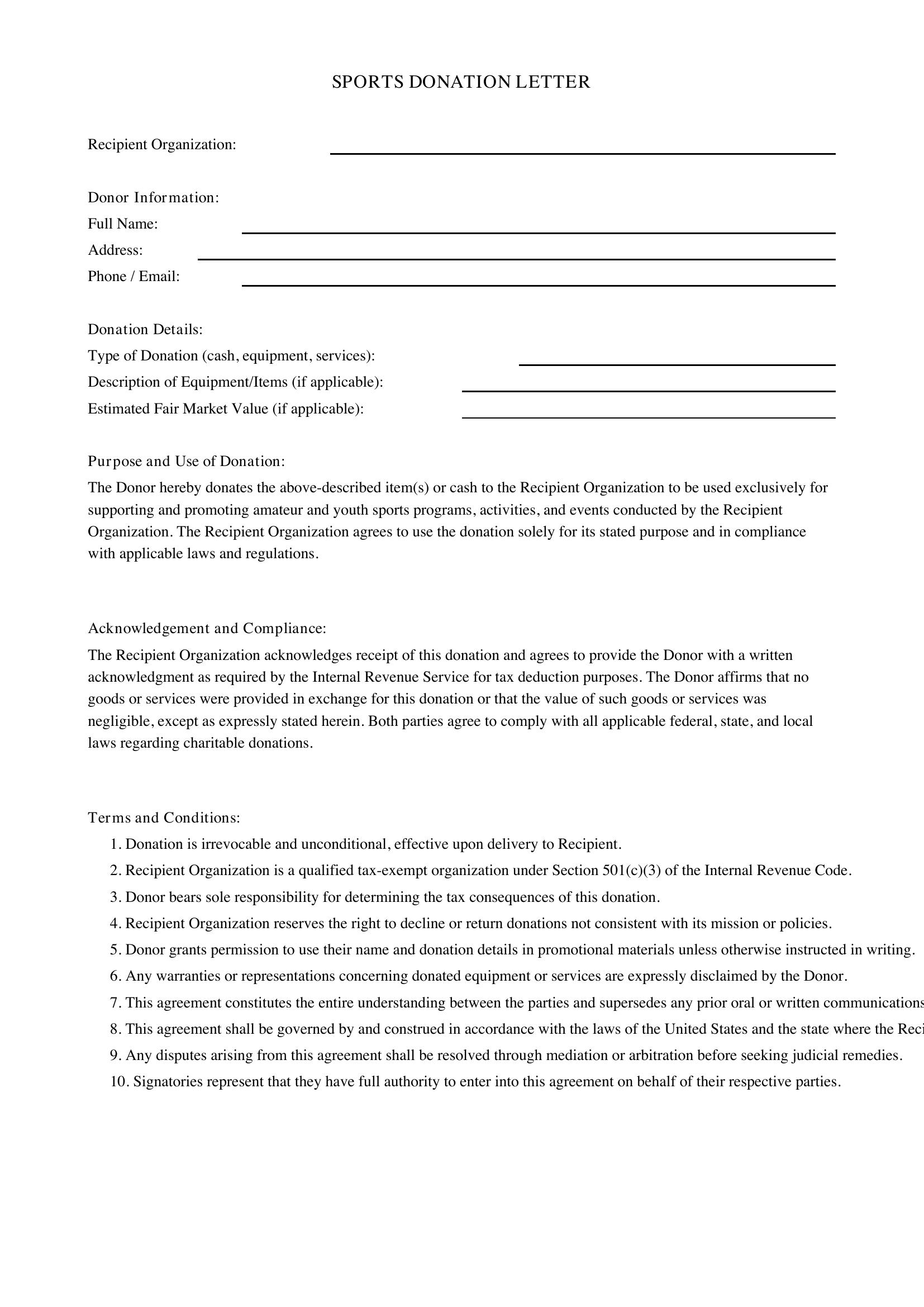 Sports Donation Letter Template - US