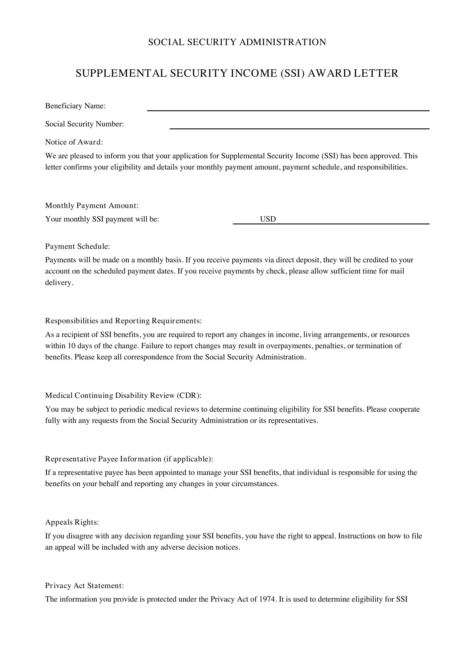 Ssi Award Letter Template - US
