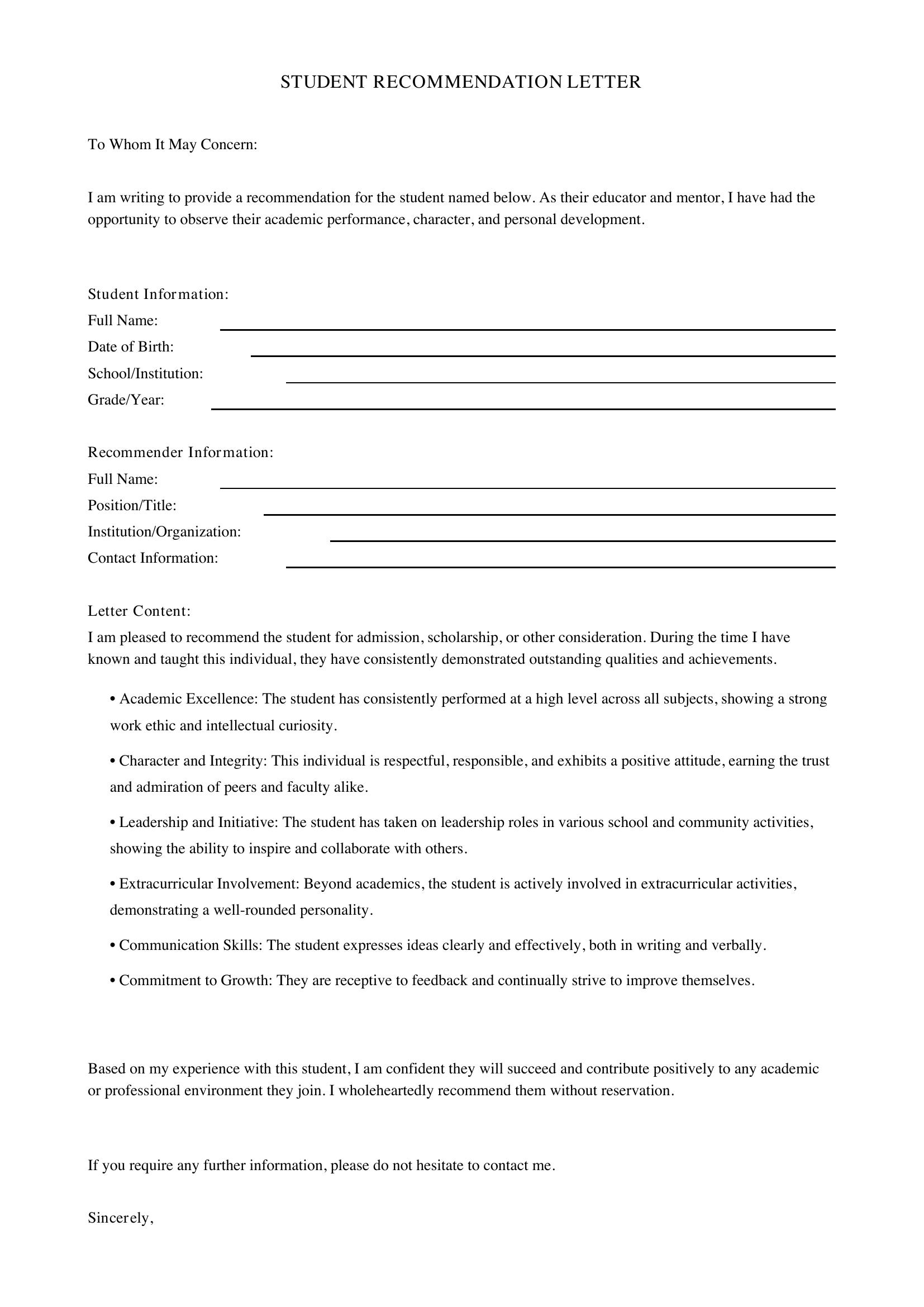Student Recommendation Letter Template - US