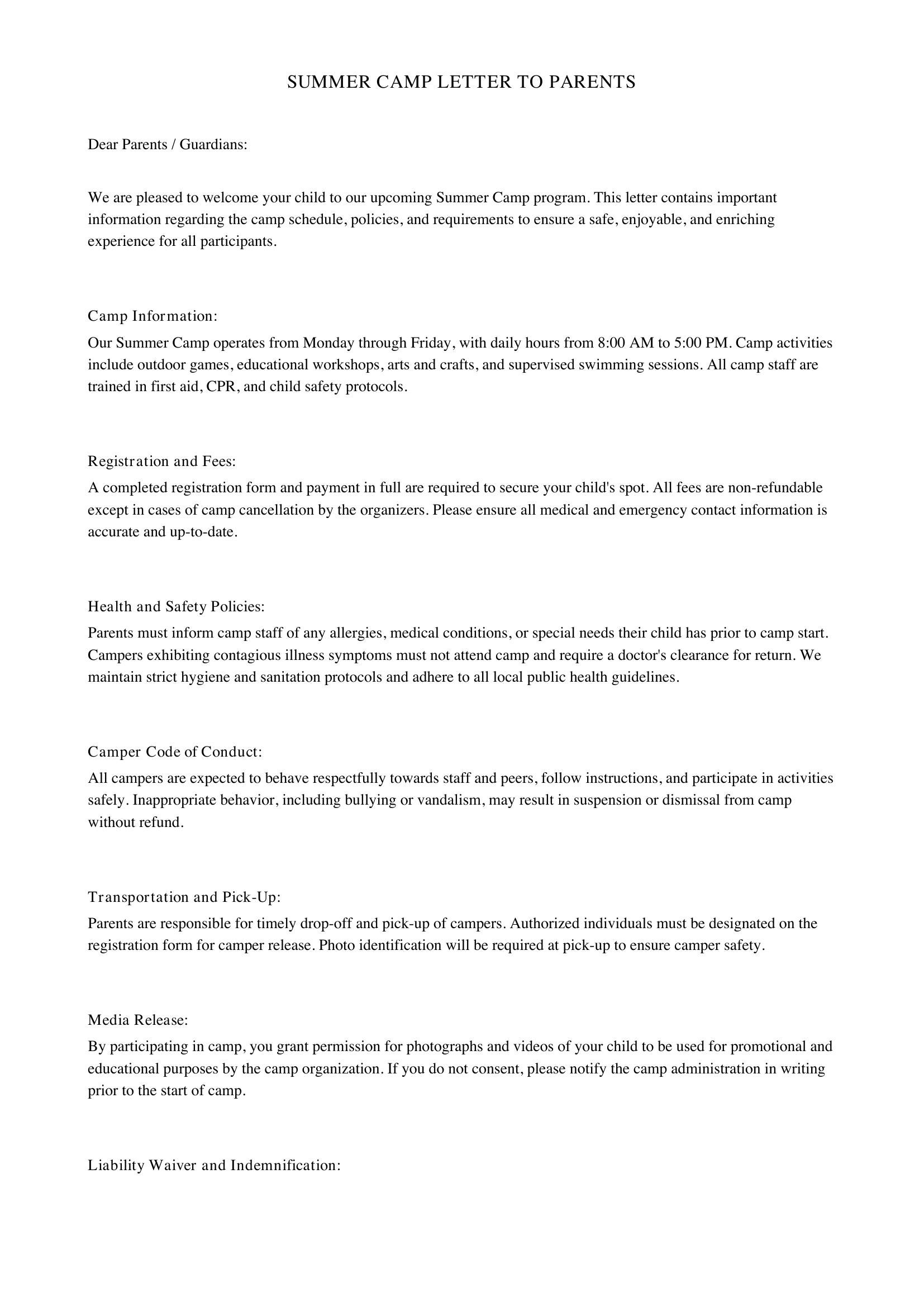Summer Camp Letter To Parents Template - US