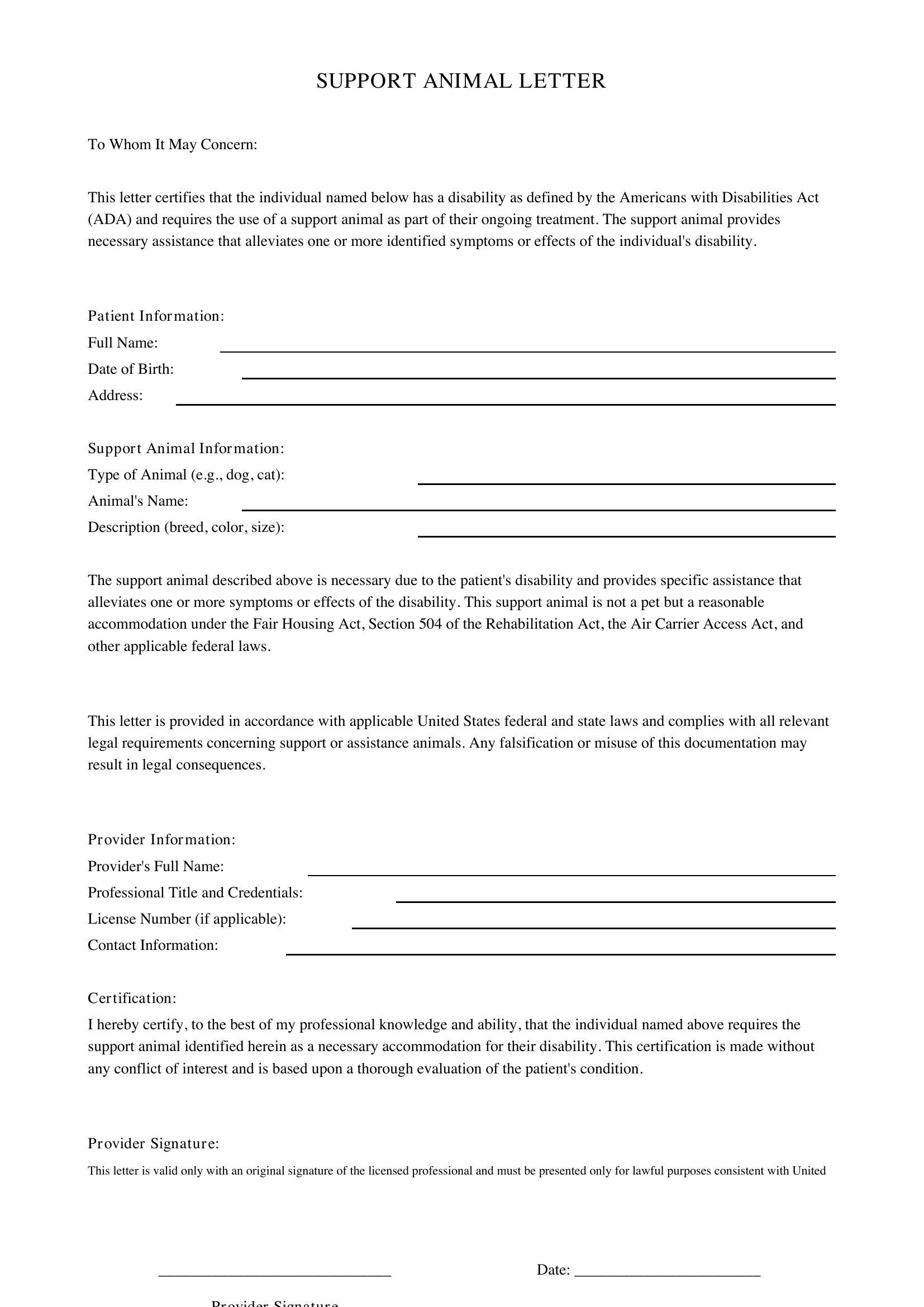 Support Animal Letter Template - US