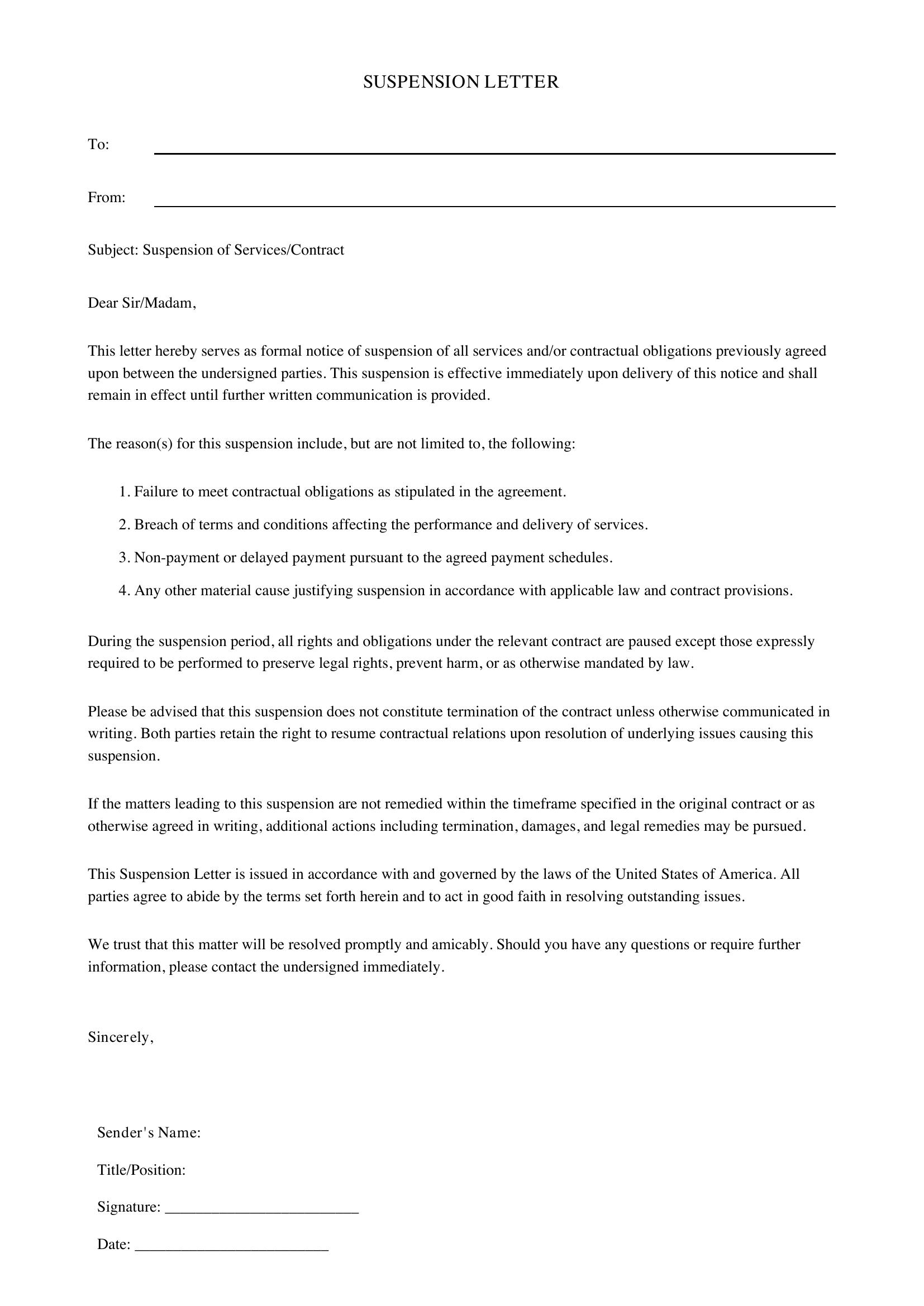 Suspension Letter Template - US