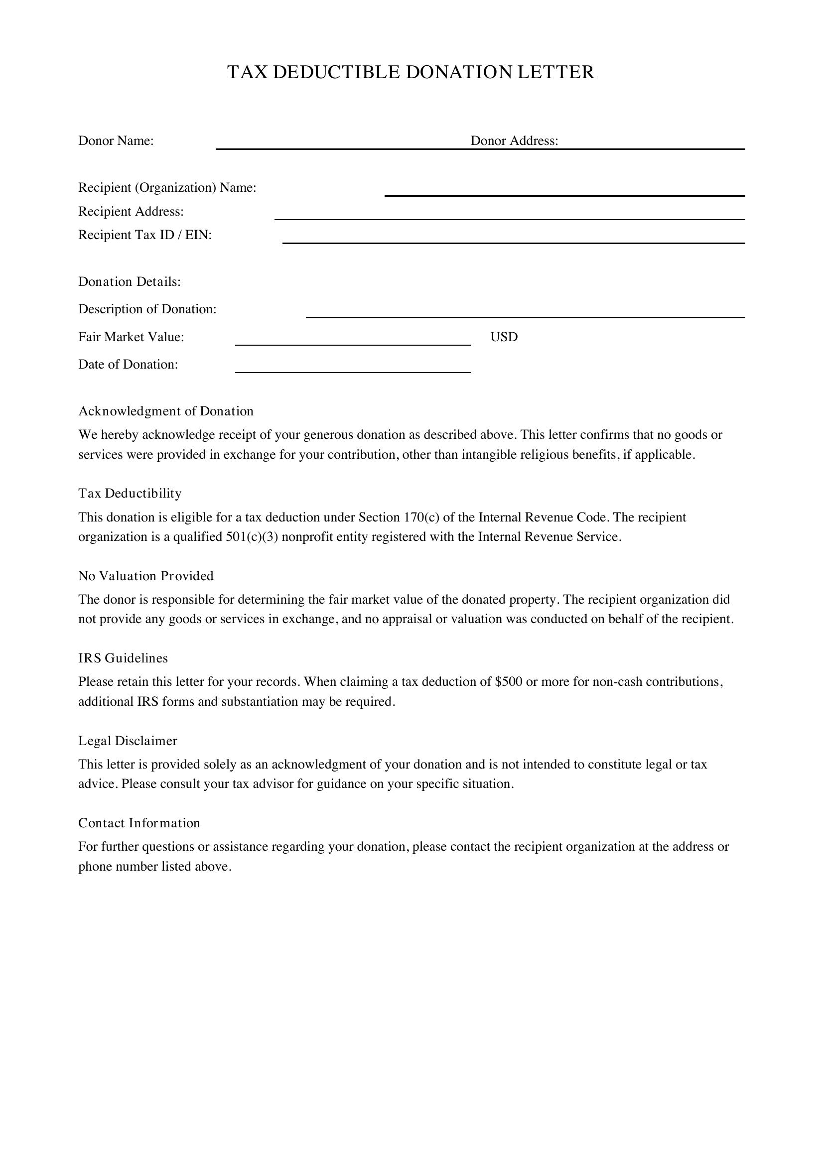 Tax Deductible Donation Letter Template - US