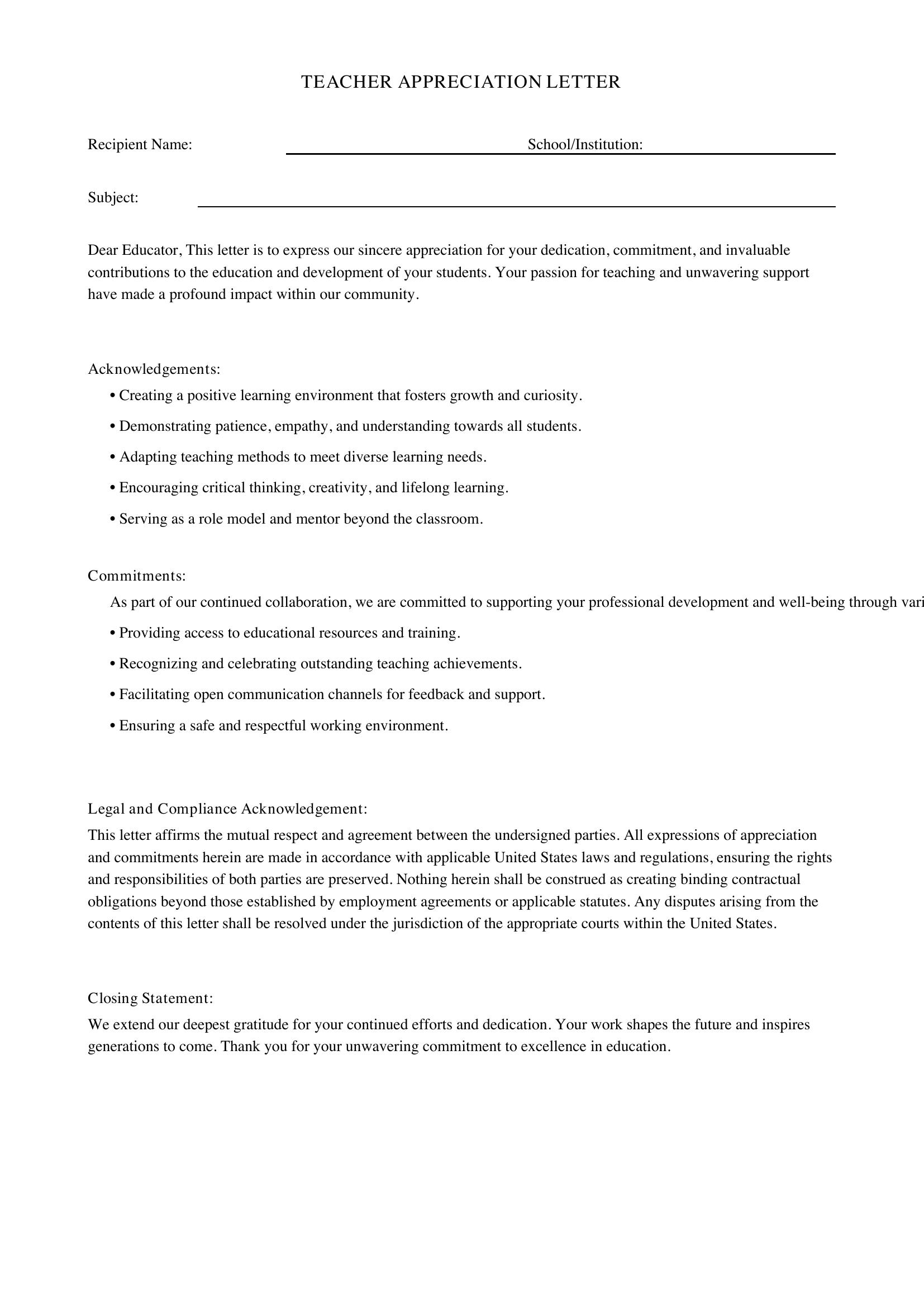 Teacher Appreciation Letter Template - US