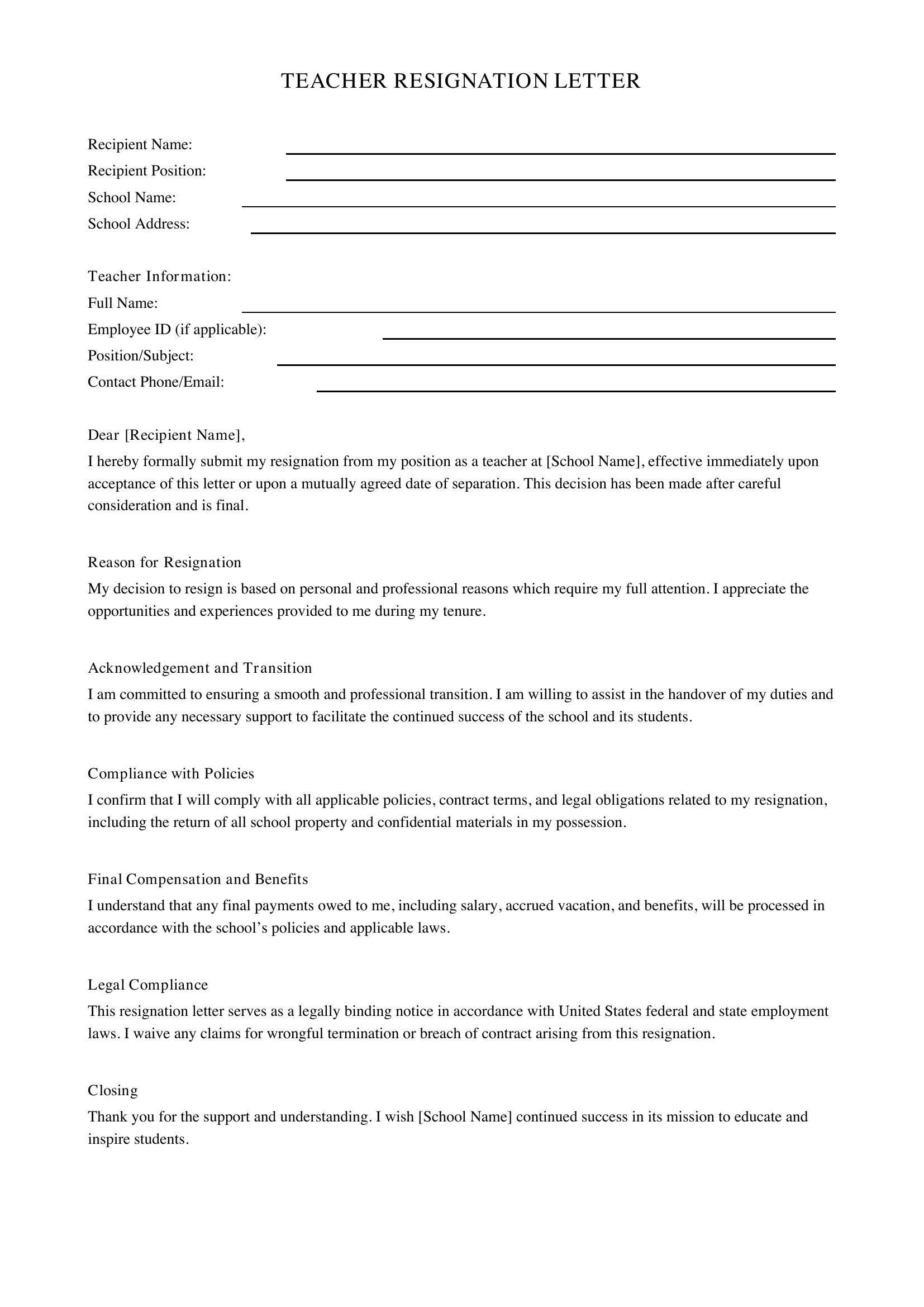 Teacher Resignation Letter Template - US