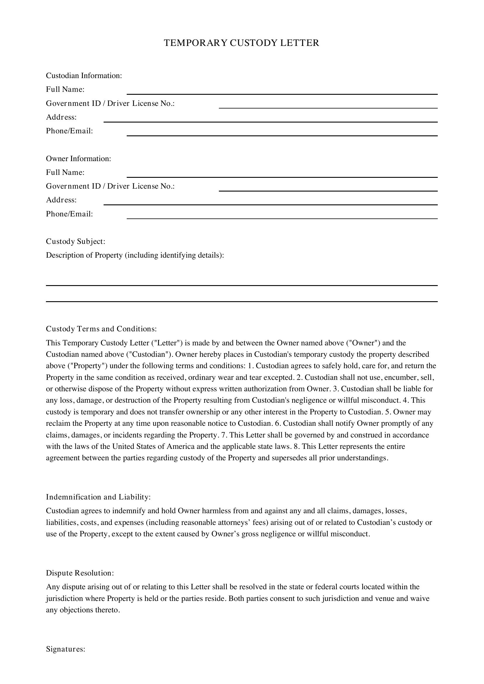 Temporary Custody Letter Template - US