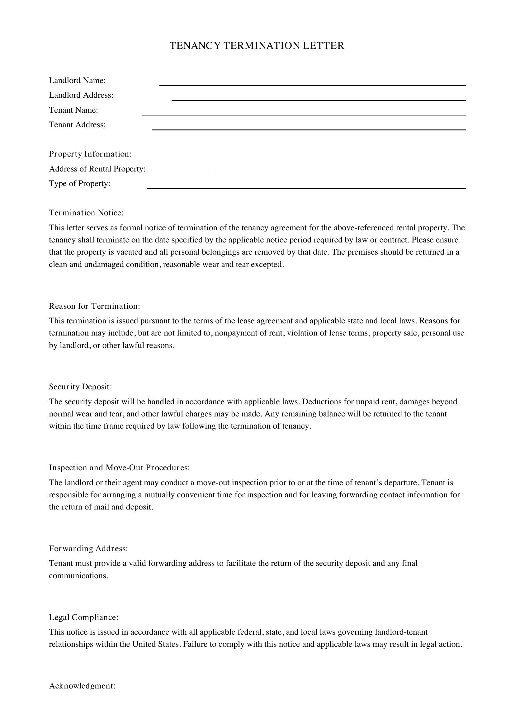 Tenancy Termination Letter Template - US