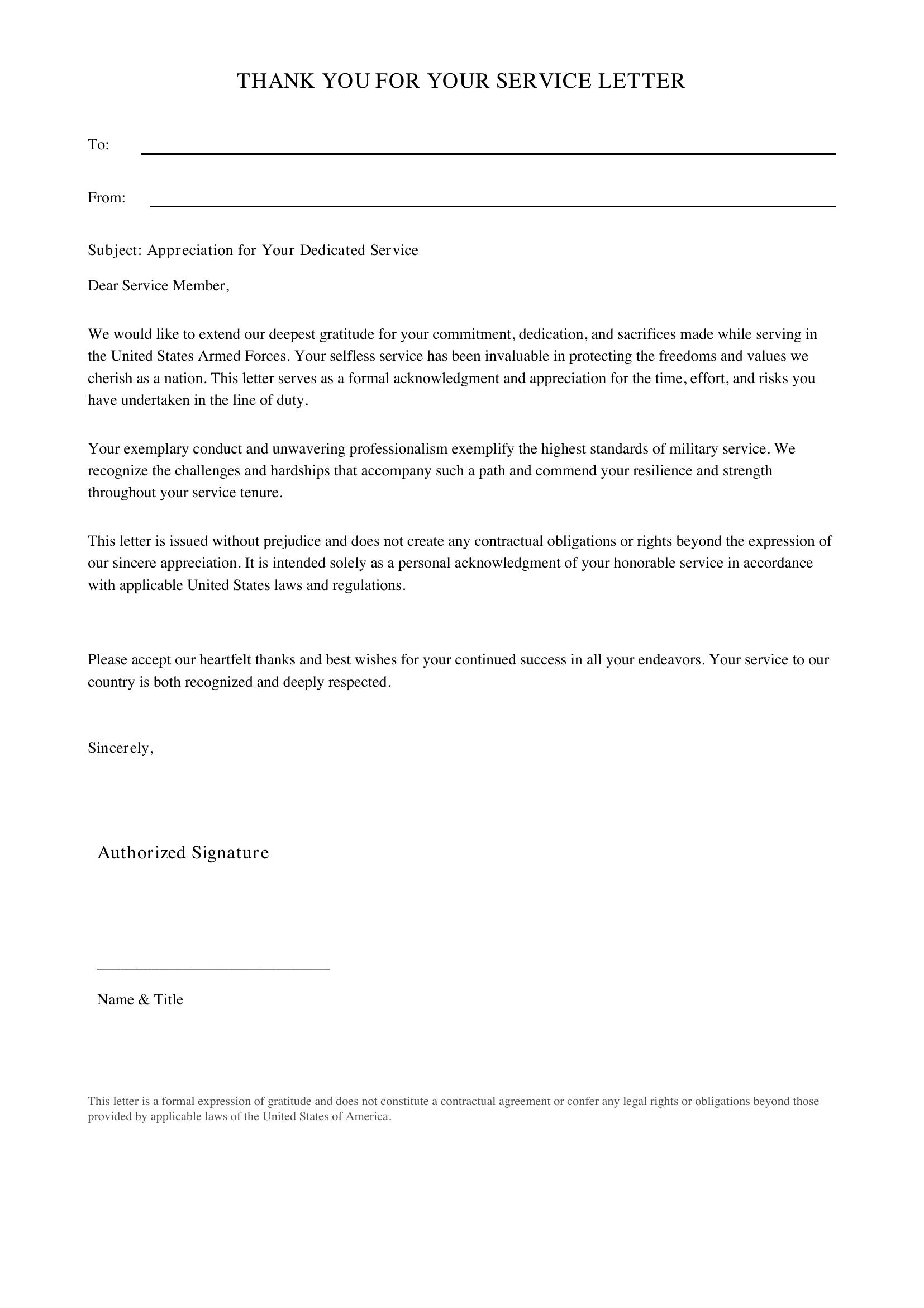 Thank You For Your Service Letter Template - US