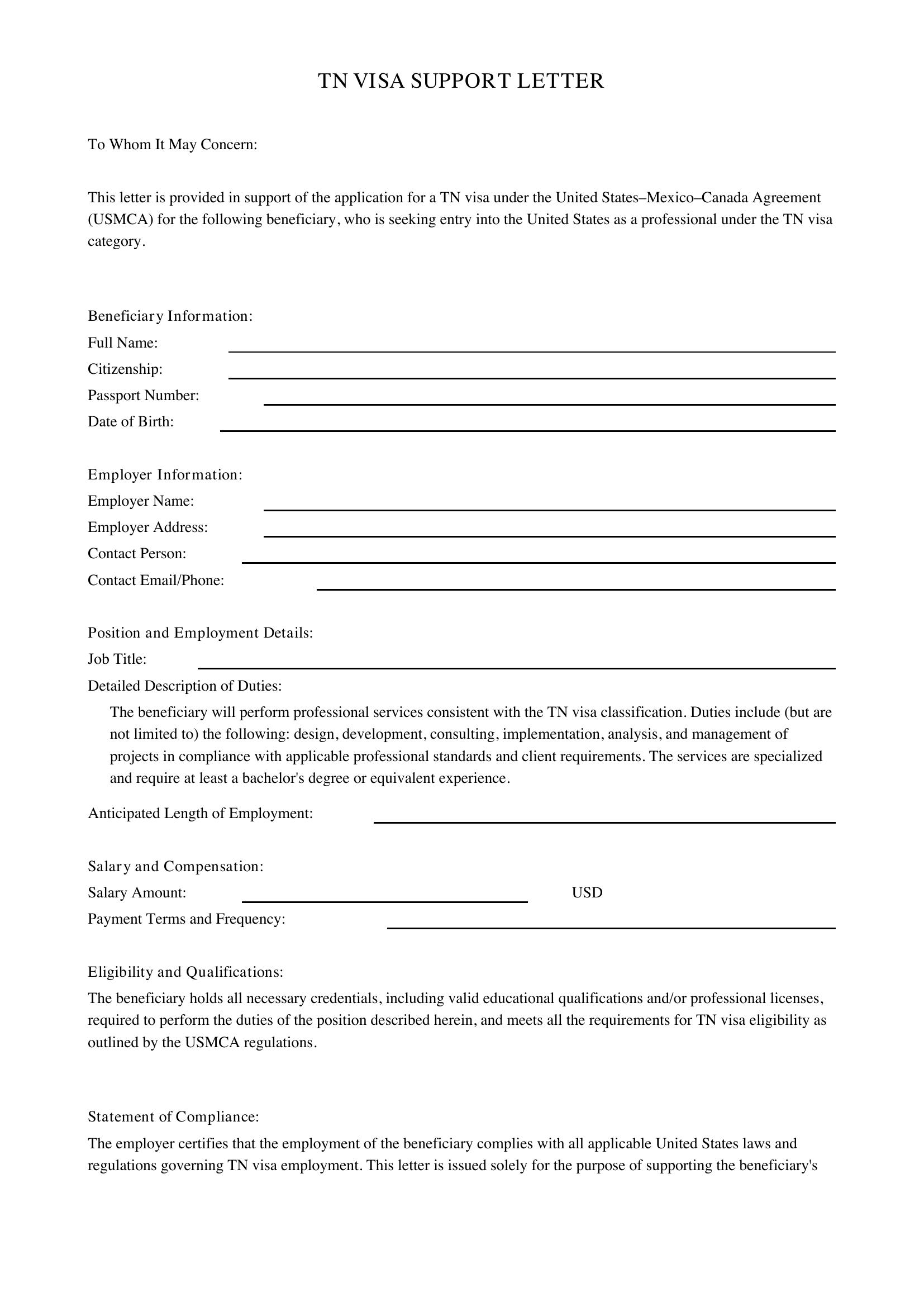 Tn Visa Letter Template - US