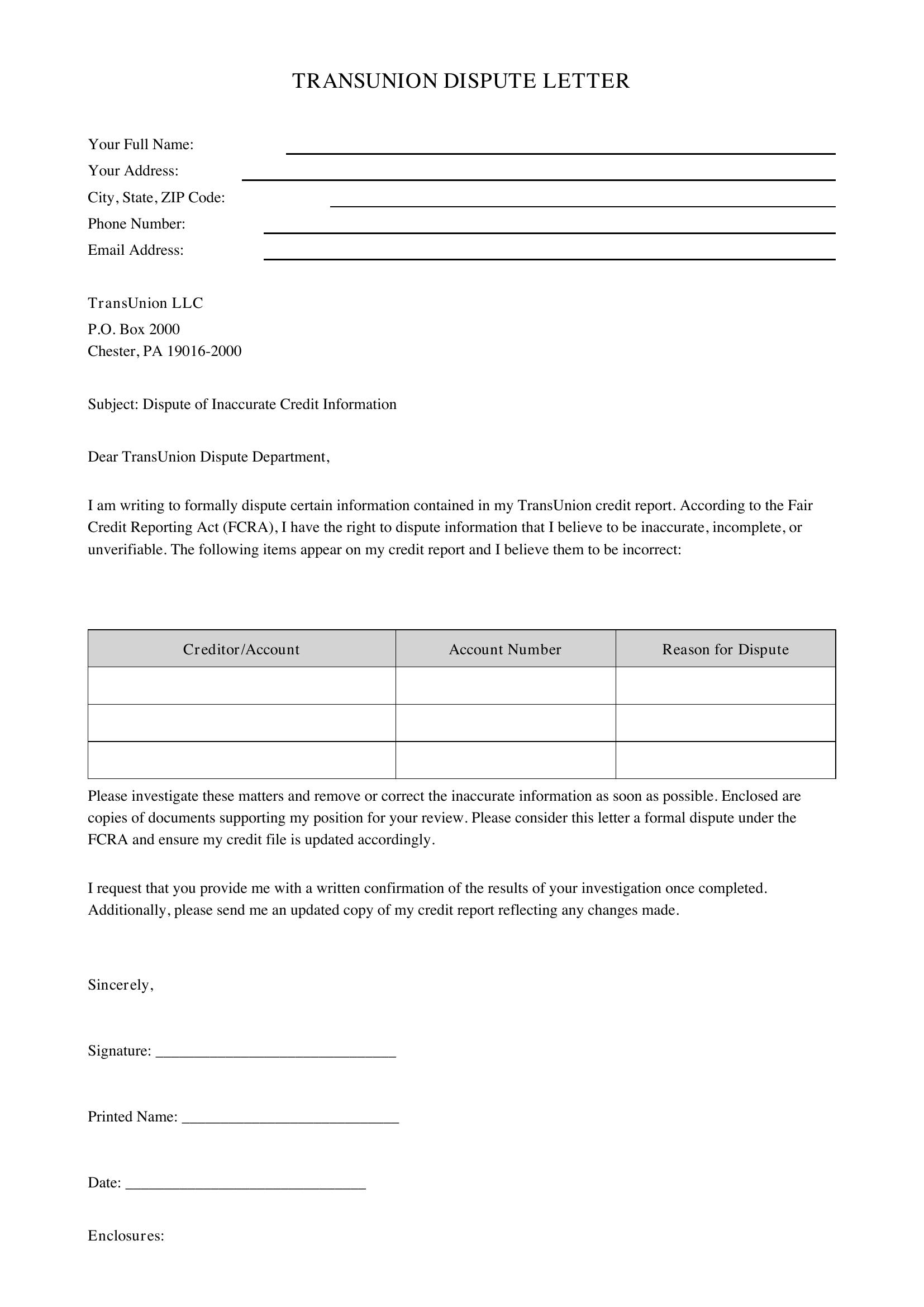 Transunion Dispute Letter Template - US