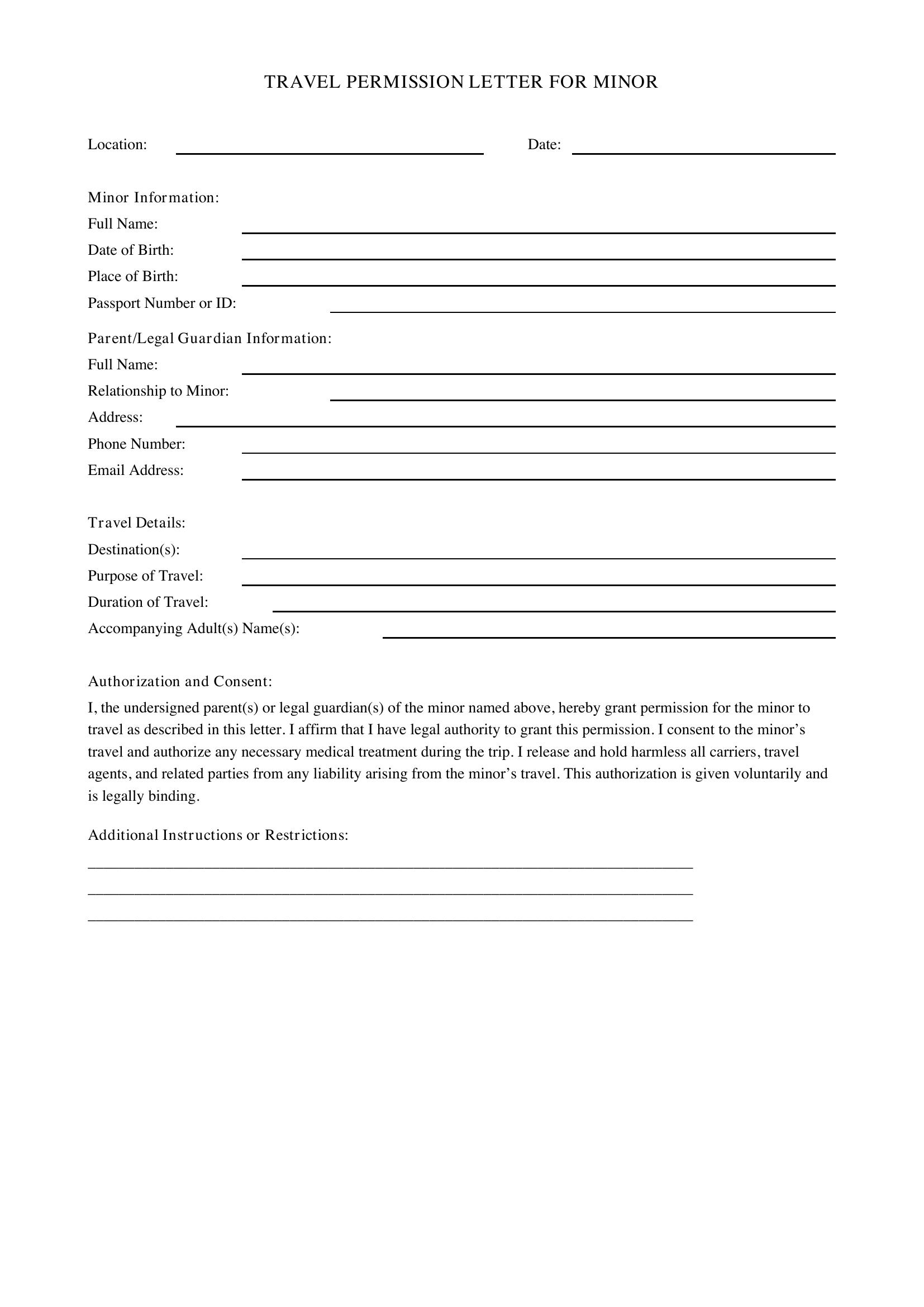 Travel Permission Letter For Minor Template - US