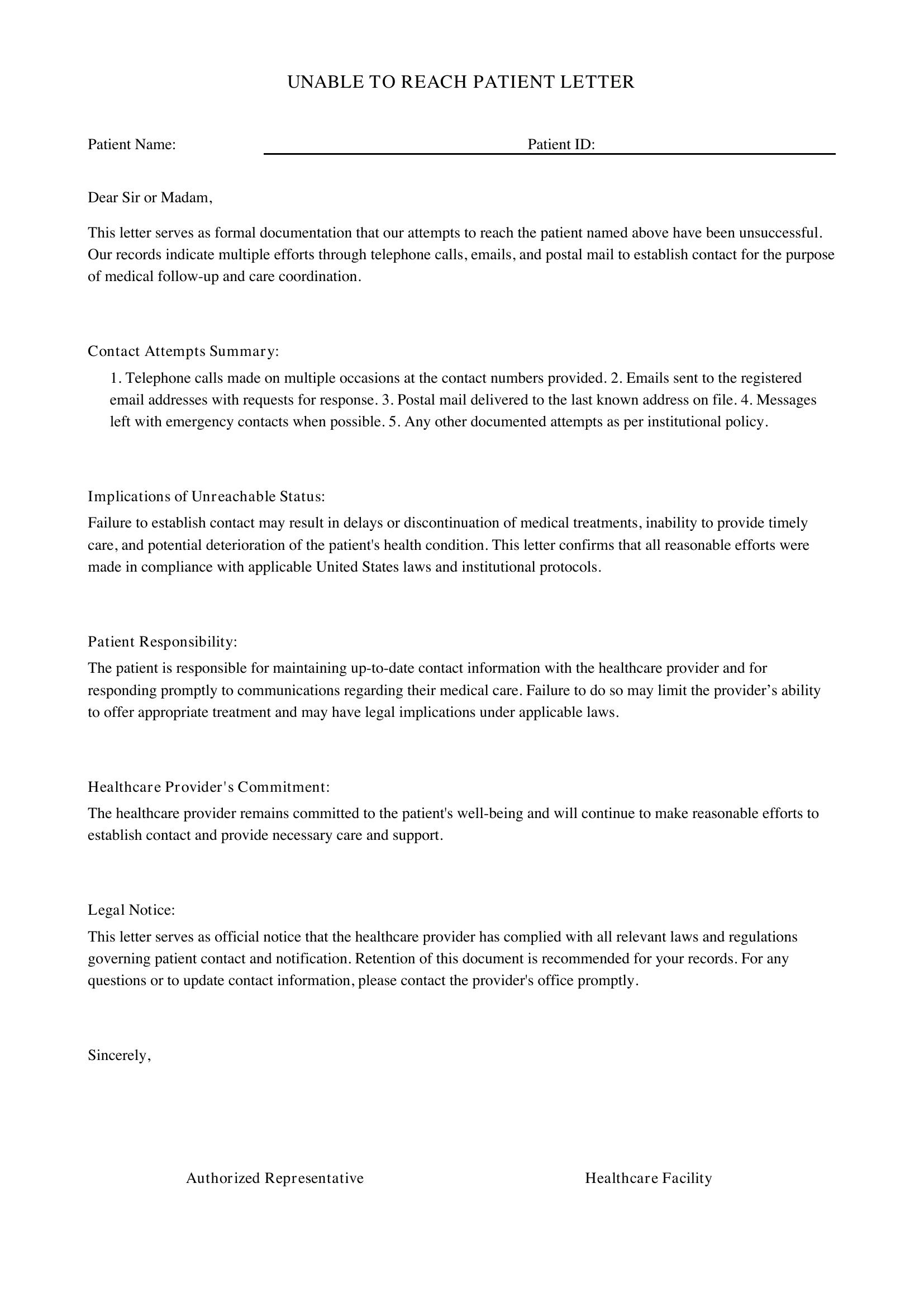Unable To Reach Patient Letter Template - US