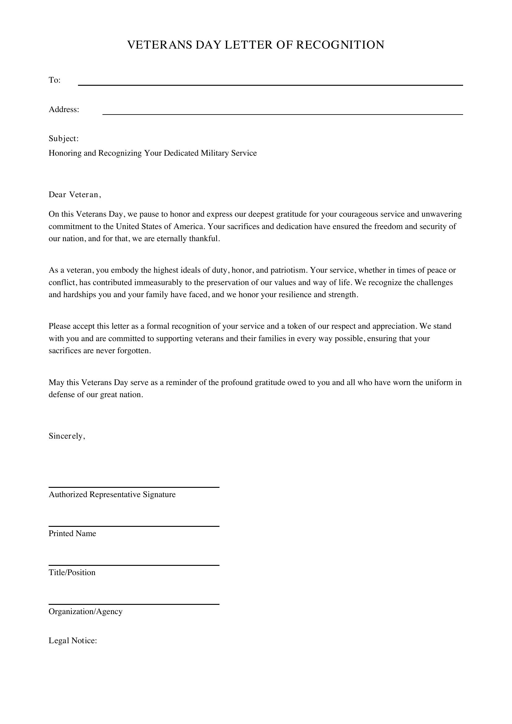 Veterans Day Letter Template - US