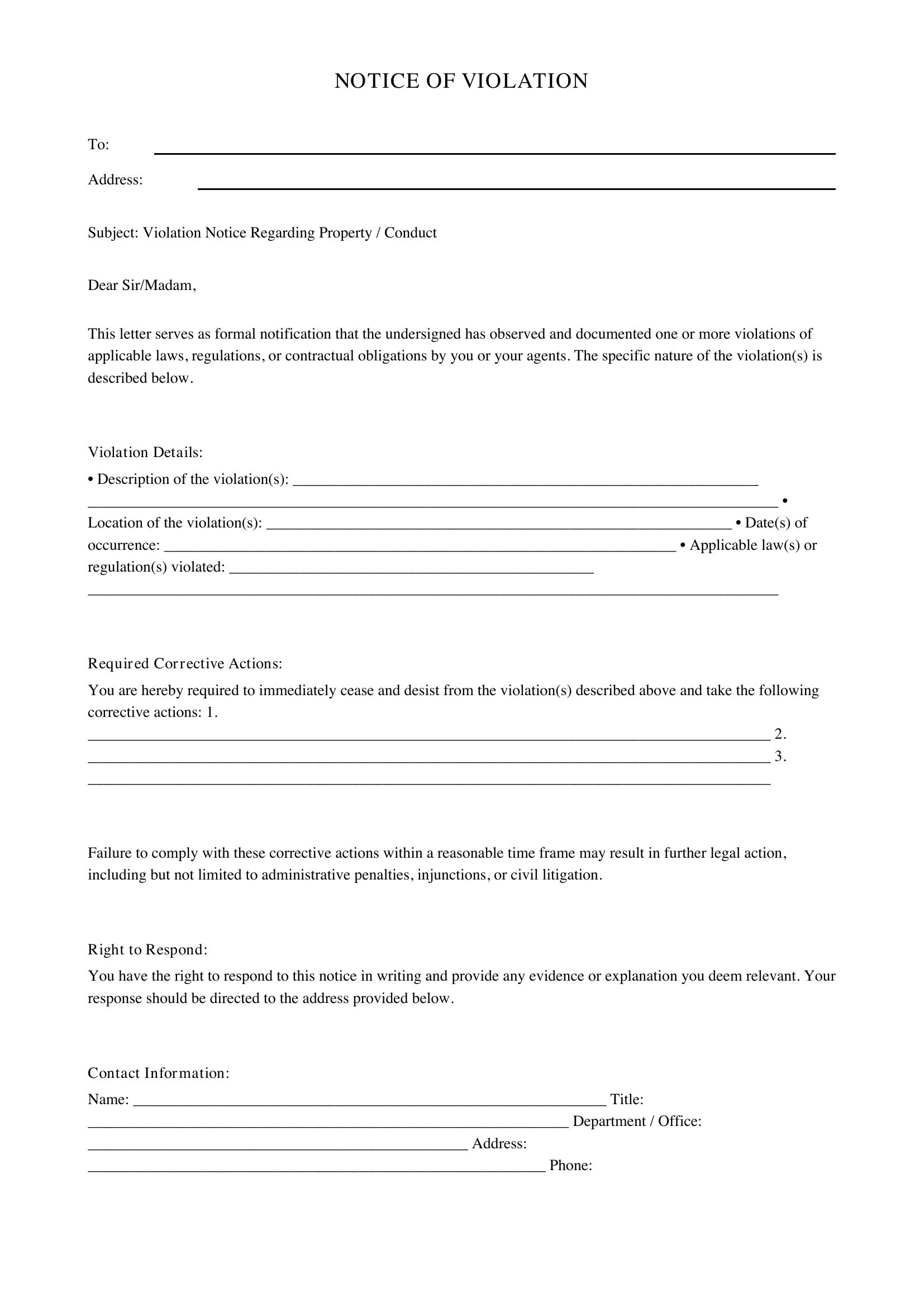 Violation Letter Template - US