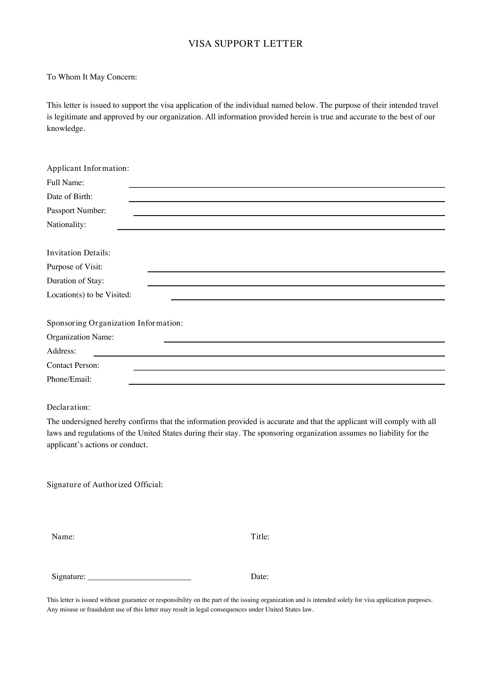 Visa Letter Template - US