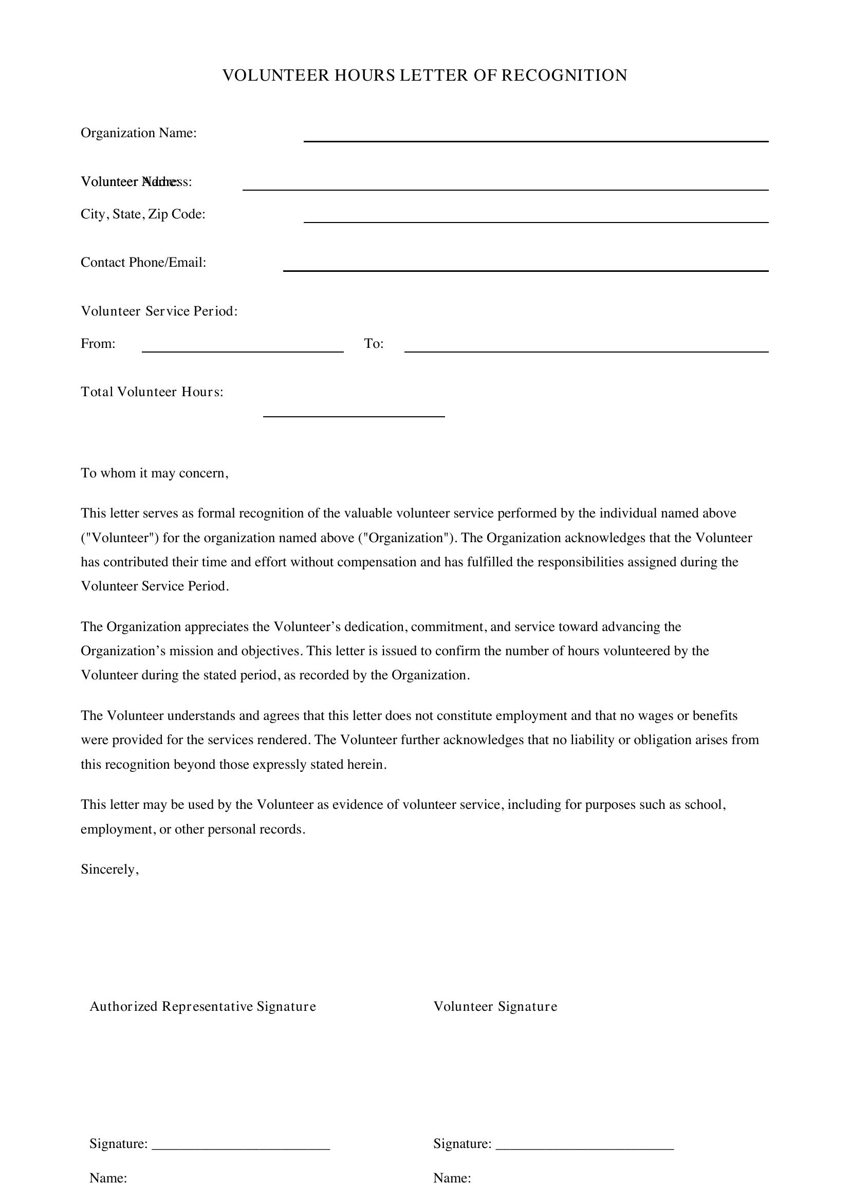 Volunteer Hours Letter Template - US
