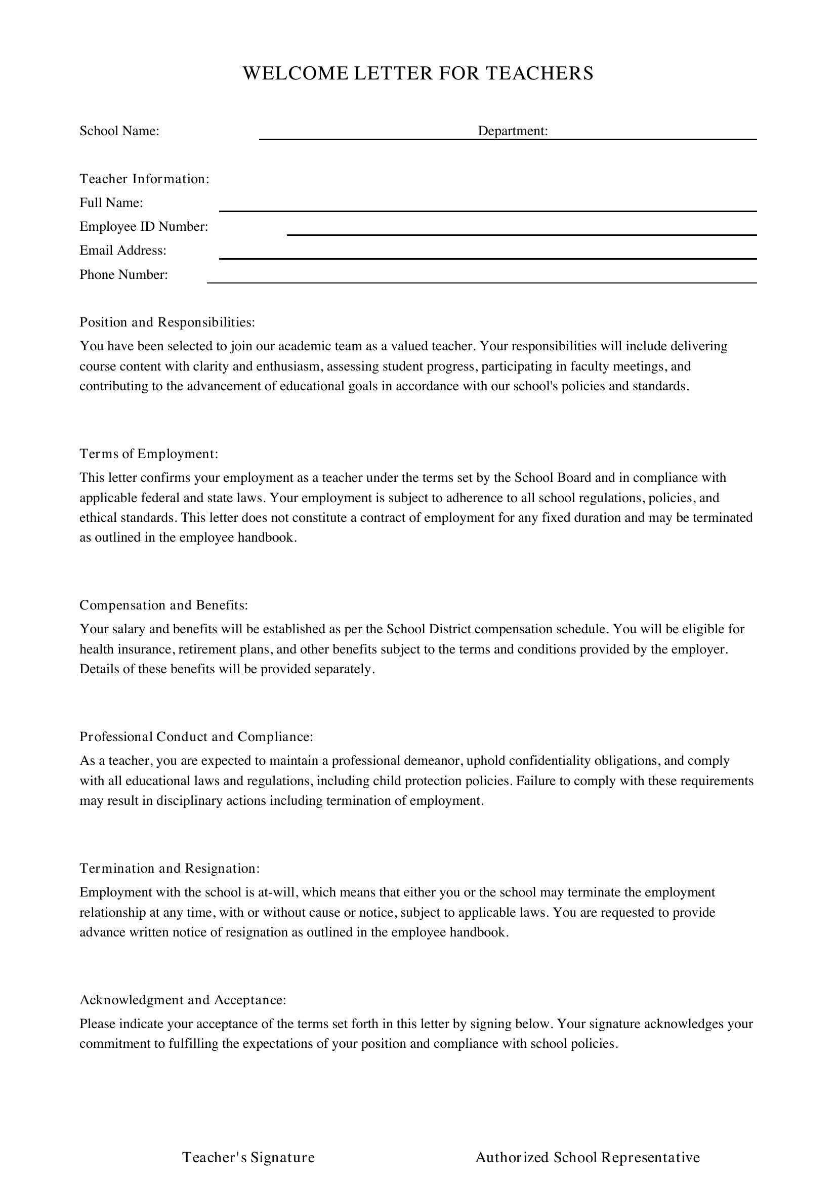 Welcome Letter For Teachers Template - US