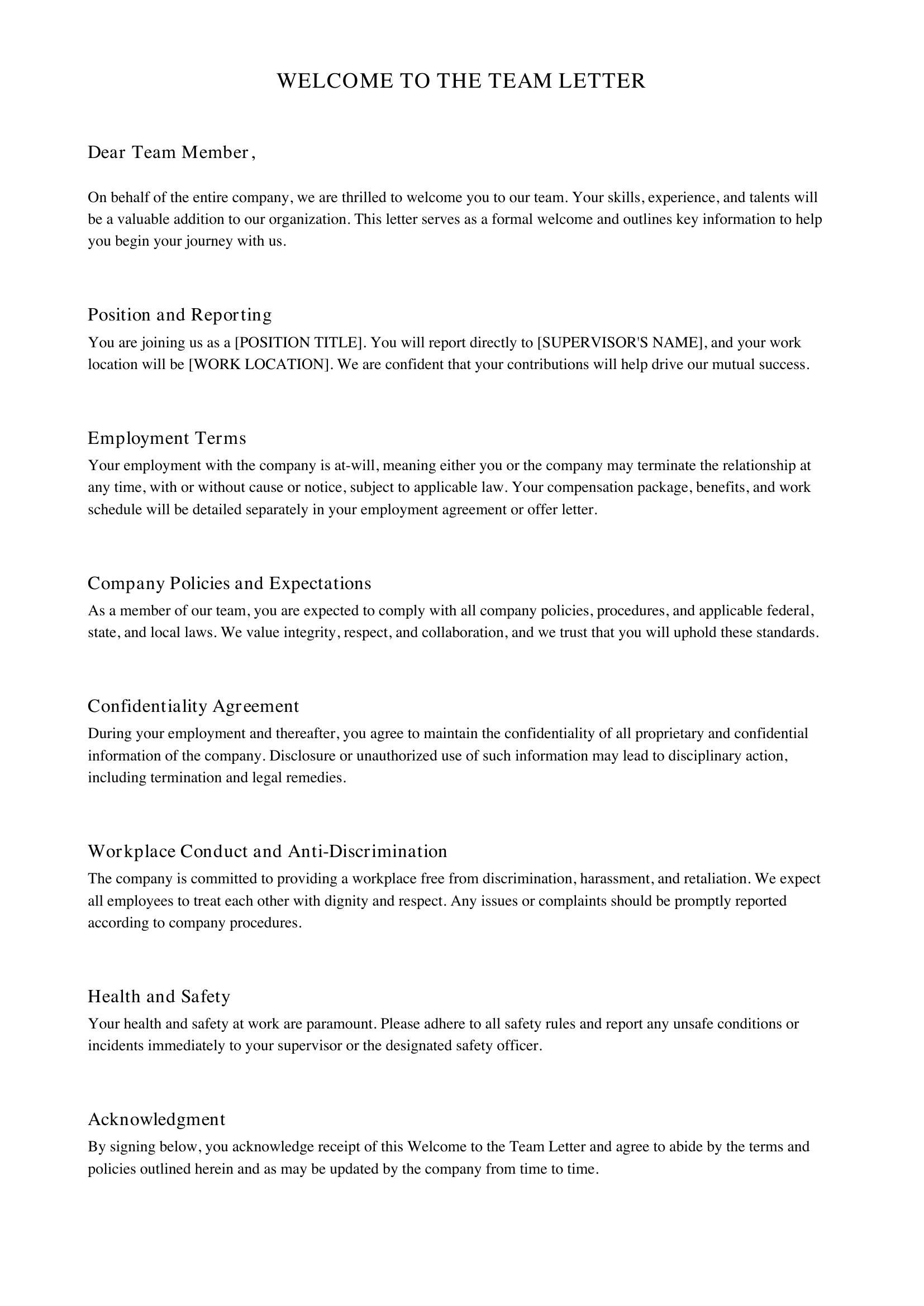 Welcome To The Team Letter Template - US