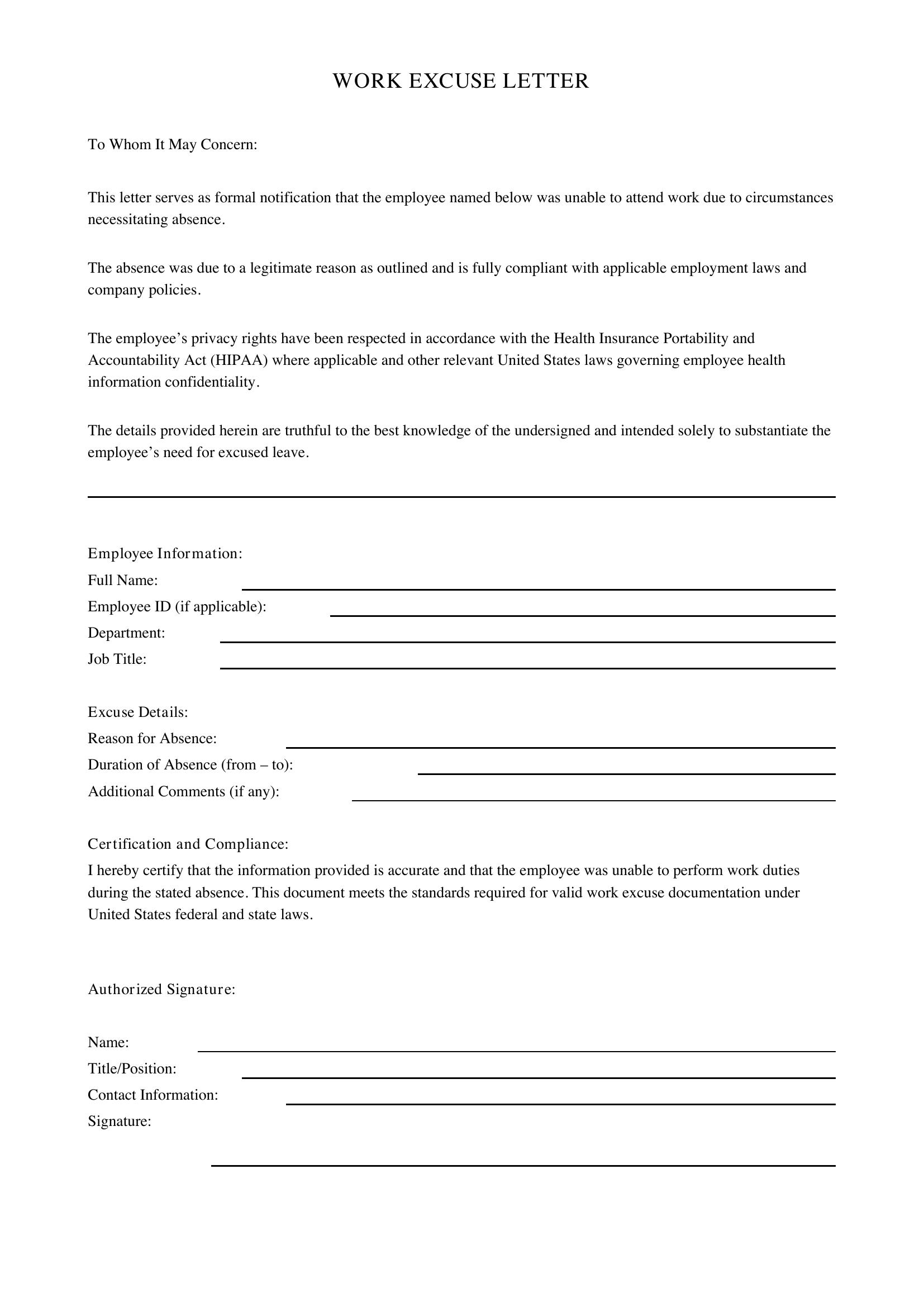 Work Excuse Letter Template - US